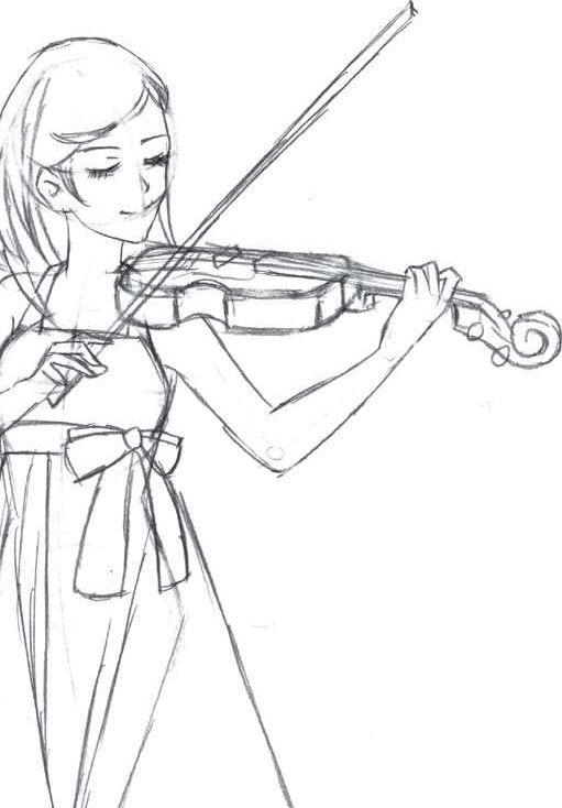细化小提琴的造型,擦除不再需要的辅助线,然后画出琴弓.