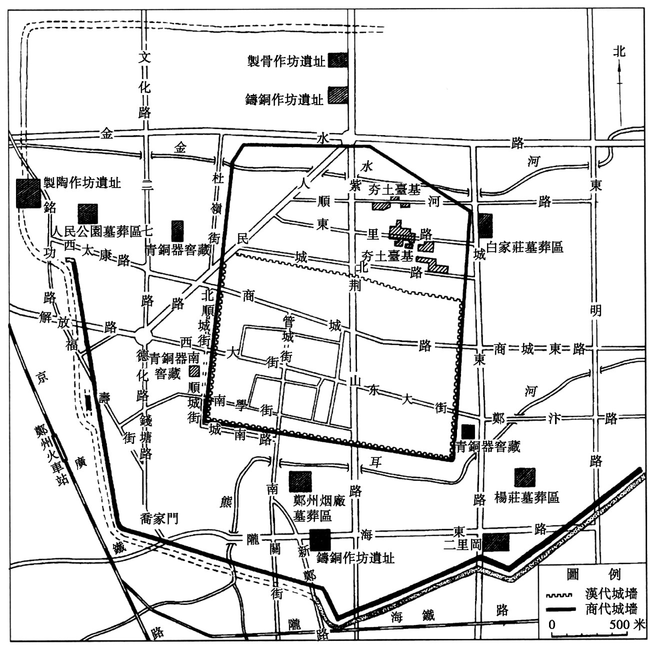 郑州商城遗址位於今郑州市区,始建于商代前期,即二里岗下层文化