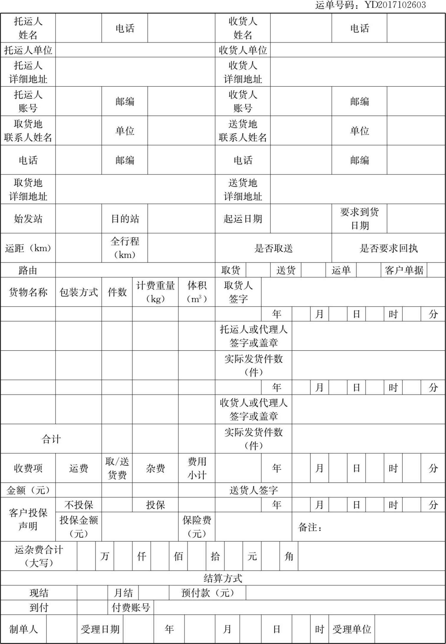 表2-6 公路货物运单